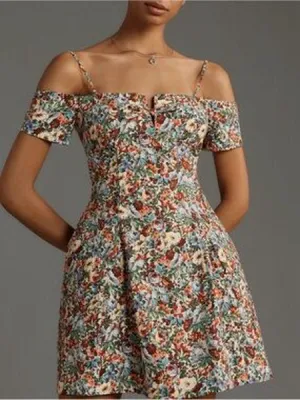 Anthropologie Maeve Bow Off-The-Shoulder Floral Mini Dress Size XL thumbnail 1