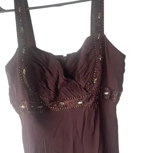 Jones New York Dress Y2k Size 10 Brown Chiffon 100%‎ Silk Beaded Midi Dress thumbnail 3