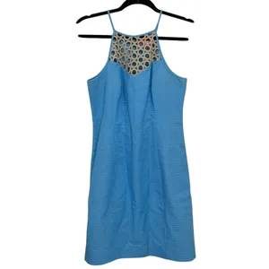 Lilly Pulitzer Blue Halter Mini Dress Gold Cut Out Accent Womens 2 Crochet Beach thumbnail 2