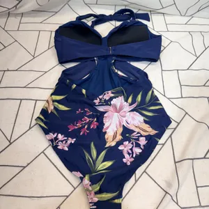 Cupshe One Piece‎ Swimsuit M Navy Blue Tropical Floral Wrap Halter Cutout NWT thumbnail 8