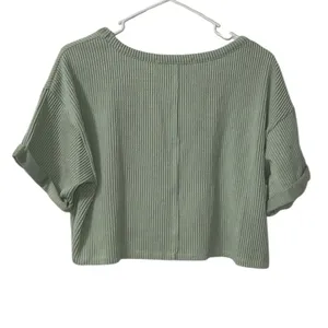 Altar’d State Green Ribbed Crop Pull on V-neck Top(Size Small) thumbnail 5