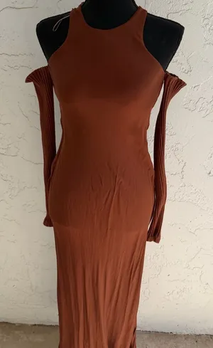 Zara Rust Brown Sleeveless Maxi Dress with Detachable Sleeves thumbnail 1