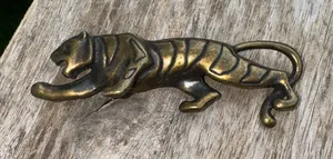 Pin Brooch Tiger Brass Tone Black Striped Cat Jungle Long Unique Vintage 3”‎ thumbnail 1