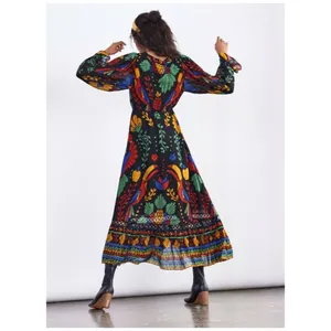 Farm Rio Black Tropical Toucan Floral V-Neck Maxi Dress XS Long Puff Sleeve Boho thumbnail 14