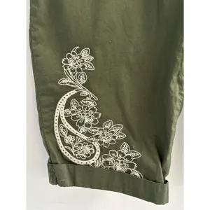 Palm Rio Womens Olive Green Floral Embroidered Cropped Jogger Pants Size M thumbnail 10