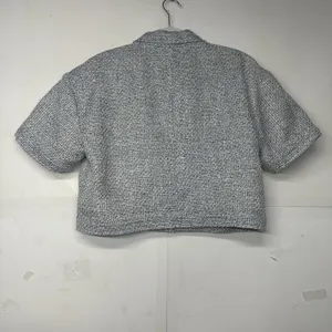 LOFT Womens Large Gray Tweed Cropped Jacket Short Sleeve Button Front thumbnail 8