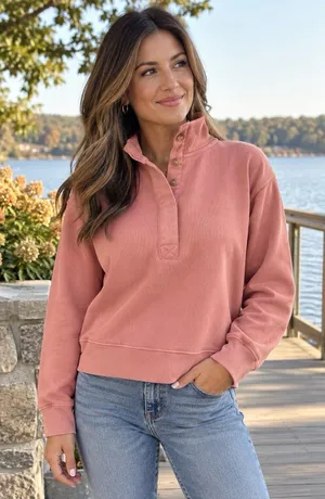 American Eagle Women's Pink Mock Neck Button Sweater Long Sleeve M thumbnail 1