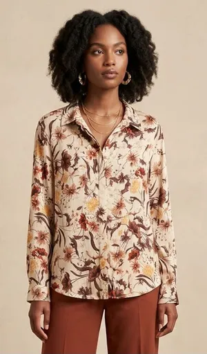 ZARA | Tan Floral Textured Button-Front Blouse Sz XL thumbnail 1