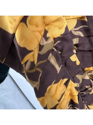 Floret Cottagecore Dark Floral Ruched Square Neck Dress Yellow Brown XS NWOT thumbnail 11