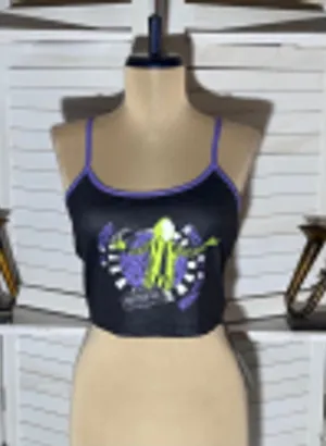 Romwe NWT Beetle Juice cropped tank top gray green lightweight gothic alt Halloween S thumbnail 1