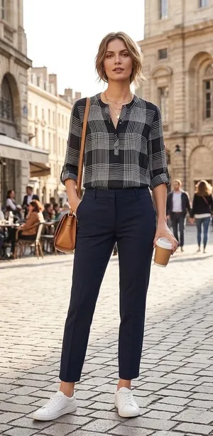 Banana Republic Navy‎ Blue Windowpane Plaid Roll Tab Henley Blouse XS 970424 thumbnail 1