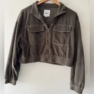 Aerie Olive Green‎ Corduroy Cropped Bomber Zip Up Jacket thumbnail 1