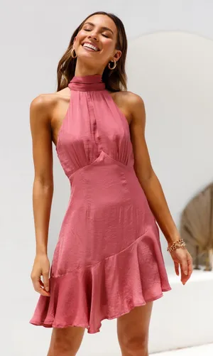 Hello Molly Satin Looking Cute Halter Neck Asymmetrical Skirt Mini Dress Rose thumbnail 1