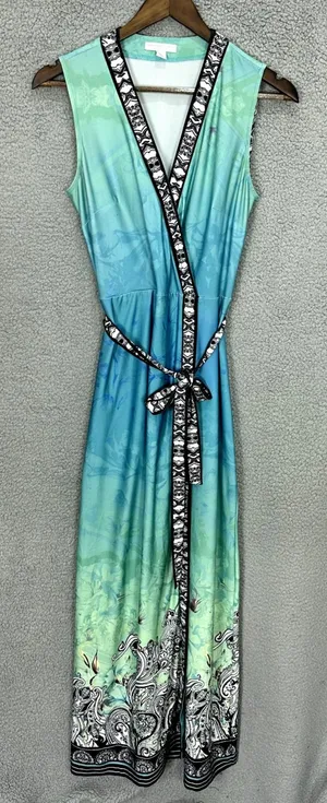 New York & Company Maxi Dress Womens XS Teal Ombre Floral Faux Wrap Stretch Boho thumbnail 1