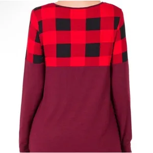 Zenana Women’s Red Black Buffalo Plaid Colorblock Long Sleeve Top Burgundy Tunic thumbnail 3