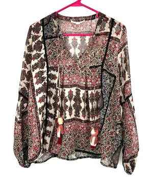 Love Stitch Size Small Blouse Brown Neutrals Paisley Boho Print Sheer‎ Overshirt thumbnail 1