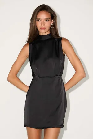NWT Lulus Classic Elegance Black Satin Sleeveless Mock Neck Mini Dress Size M thumbnail 1