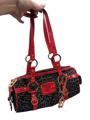 Vintage Guess Y2K Grey Animal Print Red Faux Leather Accent Barrel Shoulder Bag thumbnail 1