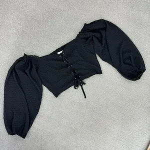 Aeropostale Clip Dot Lace Up Off The‎ Shoulder Crop Top Black Medium Sheer Indie thumbnail 14