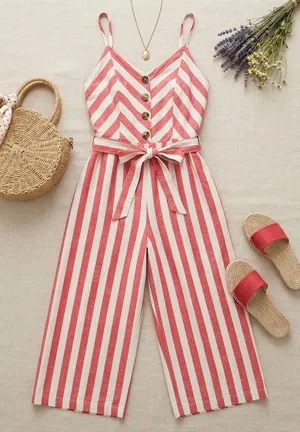 Kensie Jeans Red White Striped Linen Blend Wide Leg Cropped Jumpsuit Medium thumbnail 1