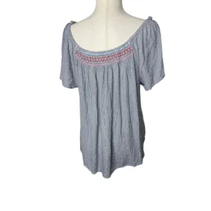 NWT Maurices Women’s XL Blue White Striped Embroidered Peasant Blouse thumbnail 3