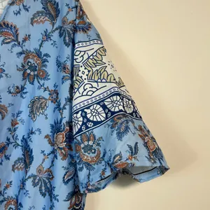 Blue Paisley Floral Bohemian Maxi Dress V-Neck Elastic Waist Short Sleeve thumbnail 6