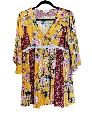 UMGEE Tunic Top Womens Blouse Medium Mix Floral Print Boho Gauze Balloon Sleeves thumbnail 1