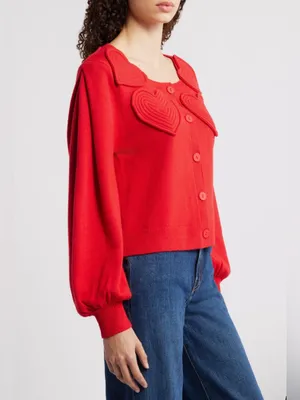 Farm Rio Wool & Cashmere Blend Red Heartful Knit Cardigan thumbnail 3