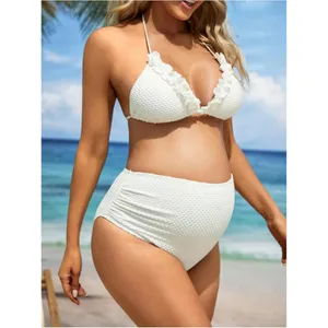 Maternity 3 Piece Swimsuit Textured Ruffle Halter Bikini Set w/ Skirt LARGE thumbnail 3