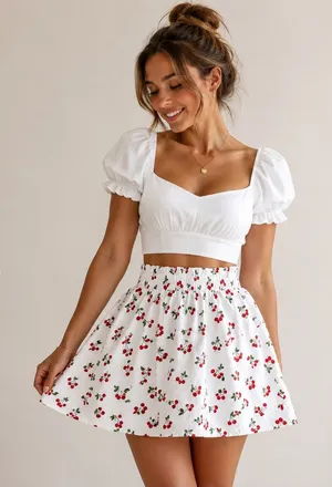 Anthropologie Cherry Print Mini Skirt White Red Fruit A-Line Smocked Waist M thumbnail 1