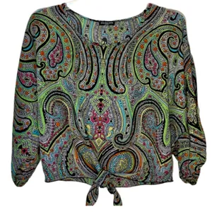 Cha Cha Vente Blouse Top Multi Color Paisley Tie Front Waist Top Size Medium thumbnail 1