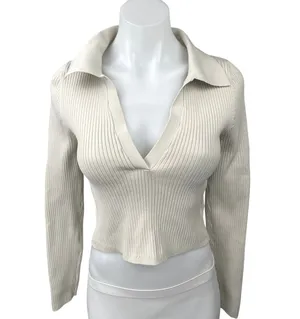 Aritzia Babaton White Ribbed Knit Vneck Collar Long Sleeve Crop Polo Shirt Top M thumbnail 1