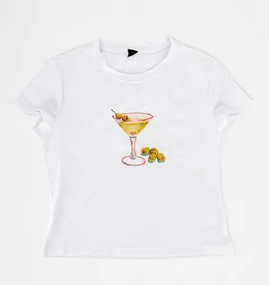 SheIn White Graphic T Shirt Martini Cocktail Olive Print Short Sleeve Tee Size Small thumbnail 1