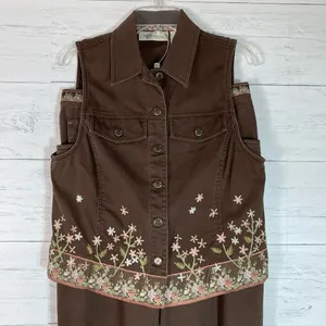 Vintage Susan Bristol Women’s Brown Corduroy Vest&pants set Floral Embroidery M thumbnail 2