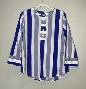 J Crew Button Front Cotton Poplin Tunic Popover Blouse Blue White Stripe Size S thumbnail 1