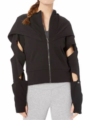 ALO Yoga‎ Small Mix Jacket Zip Up Cut Out Long Sleeve Fleece Hooded Casual Black thumbnail 1