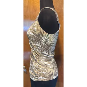 Cache Faux Wrap Textured Gold Metallic Bamboo Print Stretch Ruched Side Top Sz S thumbnail 5