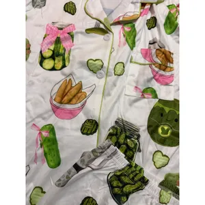 NIB- Pickle Print Pajama Set Women Medium White Green Short Sleeve/Shorts thumbnail 2