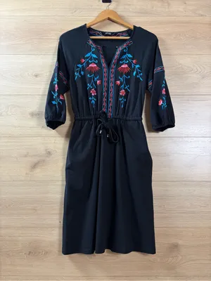 eShakti Cotton Embroidered Black Drawstring Waist Dress Size 4 thumbnail 6