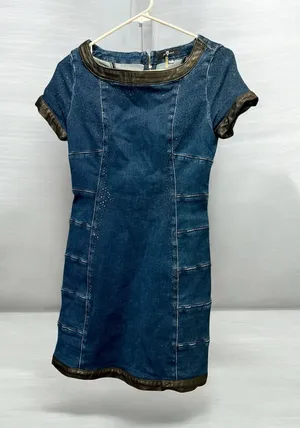 7 For All Mankind Denim Mini Dress Leather Trim Rhinestone Embellished Size XS thumbnail 1