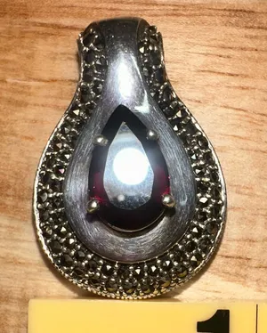 BOMA Sterling Silver Red Garnet Marcasite Pear Teardrop Pendant 1.25" / 12.35g thumbnail 1