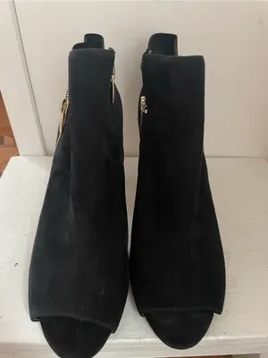 Marc Fisher Black Suede Peep-Toe Ankle Booties with Gold Zip thumbnail 2