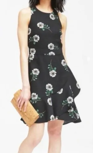 Banana Republic Black Floral Sleeveless Linen Fit Flare‎ Ruffle Hem Dress Size 8 thumbnail 1