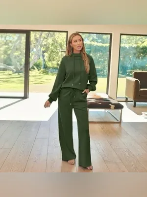 2 piece Olive Green Wide-Leg Lounge Pants - Women's Casual Pull-On Fall Wide Leg thumbnail 4