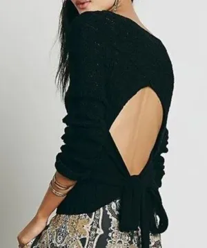 Bow Back Pullover Knit Sweater Open Cut-Out Cropped Back Backless S thumbnail 1