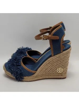 Tory Burch Wedge Espadrille Shaw Blue Denim Fringe Ankle Strap Sandals Size 8.5 thumbnail 6