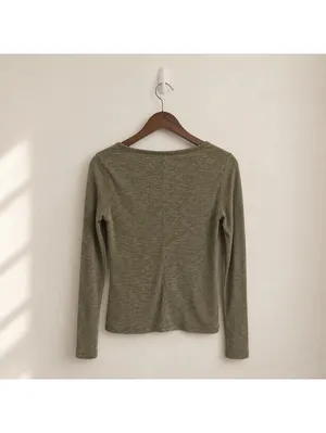 Universal Threads Olive Ribbed Henley Top Long Sleeve Stretch Shirt Size S thumbnail 2