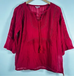 Lucky Brand Boho Ren Faire Cotton Top With Embroidery and Tasseled Drawstrings thumbnail 1