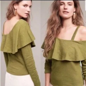Anthropologie Postmark Olive‎ Green One Shoulder Ruffle Long Sleeve Top Shirt Sm thumbnail 2