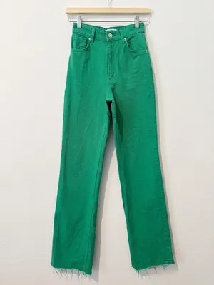 Zara Jeans Size 0 Green High‎ Rise Wide Leg Raw Hem Baggy Colored Denim Earthy thumbnail 3